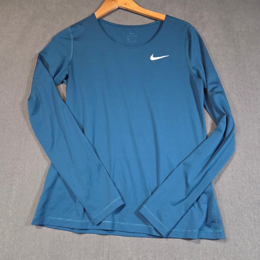 Nike Dri-FIT Long Sleeve Shirt Womens Medium Teal Blue Thumbhole Activewear